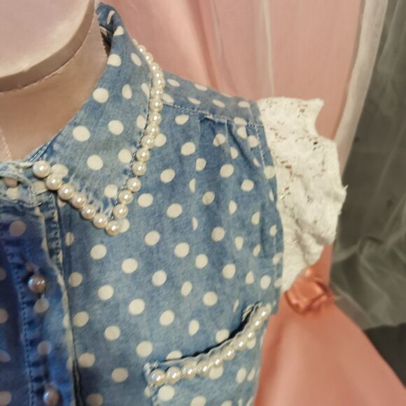 Ank Rouge Size Women's Small Denim Blouse Top Pearl Polka Dot Boho Japan Import - Picture 4 of 16